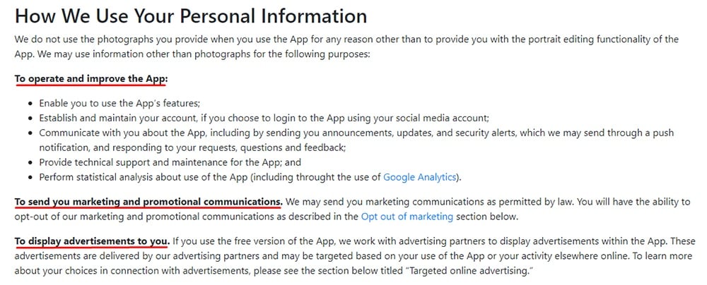 FaceApp Privacy Policy: How We Use Your Personal Information clause excerpt