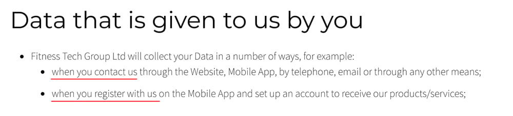 Fitlink Privacy Policy: Data directly collected clause