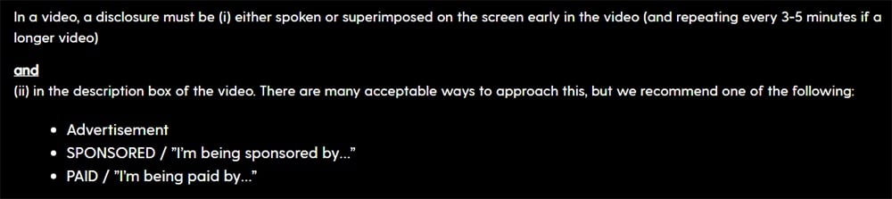 Fullscreen Guidelines for Endorsers and Influencers: Video disclosure requirements section