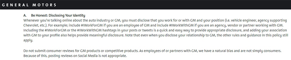 General Motors Social Media Policy: Be Honest - Disclosing Identity clause