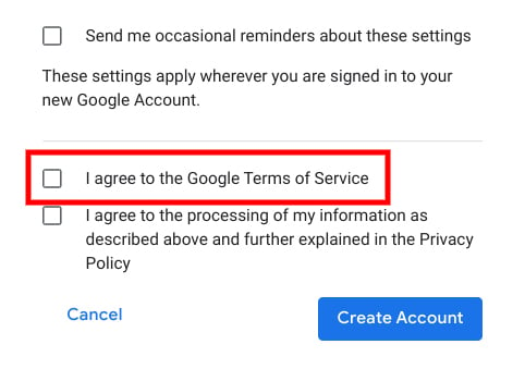 Google Create Account form with Agree to Terms of Service checkbox highlighted