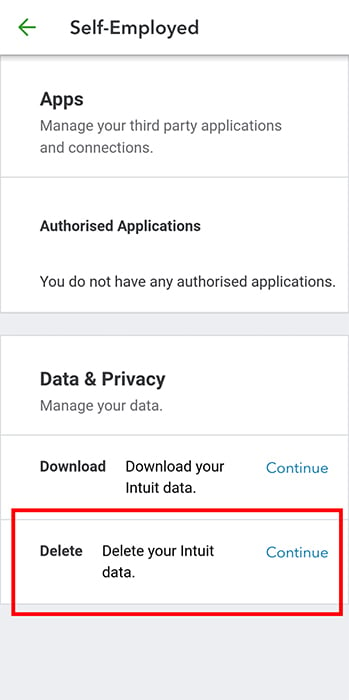 Intuit Self-Employed app: Delete Data option highlighted