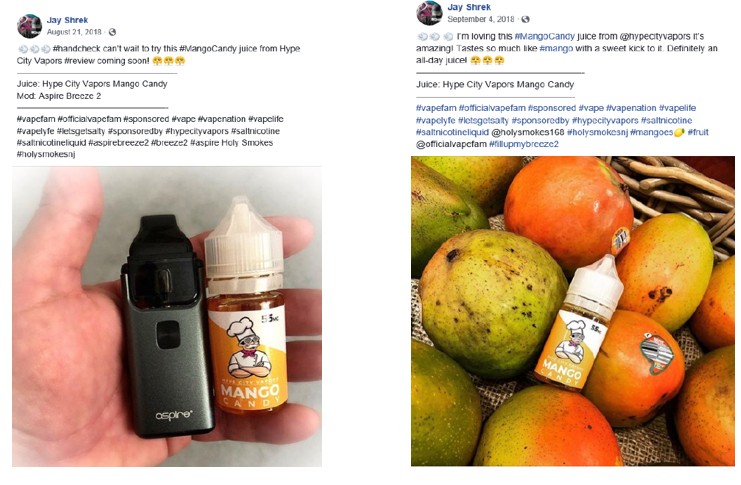 FDA screenshot of Jay Shrek Facebook posts with vaping endorsements