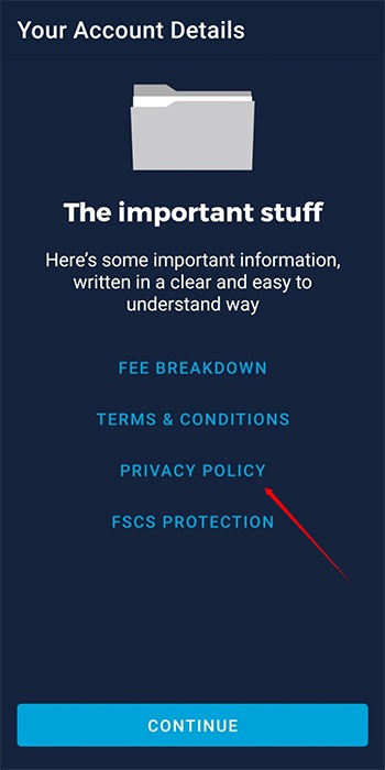 Monzo app installation screen with Privacy Policy highlighted