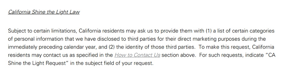Newscorp Privacy Policy: California Shine the Light Law clause