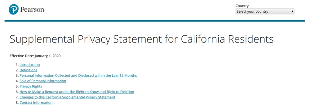 Pearson Supplemental Privacy Statement for California Residents: Screenshot of intro