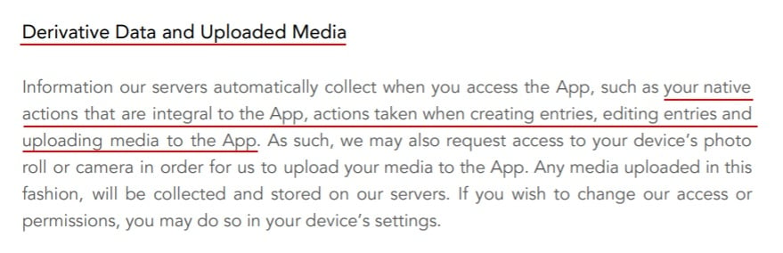 Reflectly Privacy Policy: Derivative Data and Uploaded Media clause