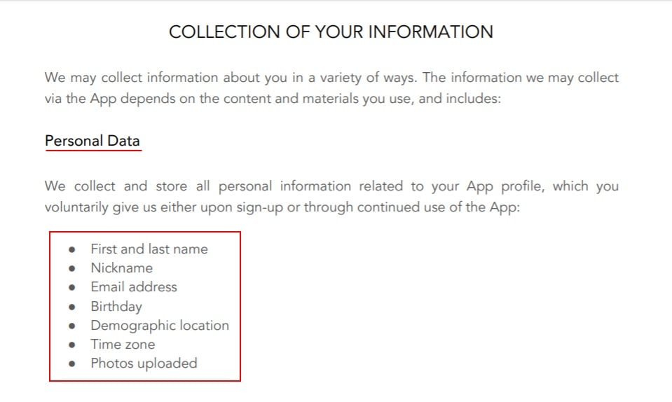 Reflectly Privacy Policy: Collection of Your Information - Personal Data clause