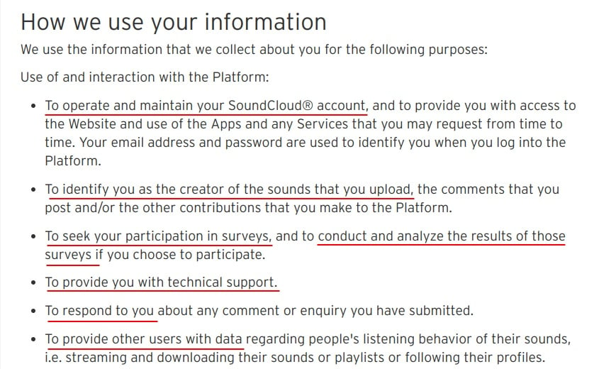 SoundCloud Privacy Policy: Highlighted Excerpt of How We Use Your Information clause