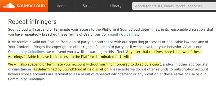 SoundCloud Terms of Use: Repeat Infringers clause