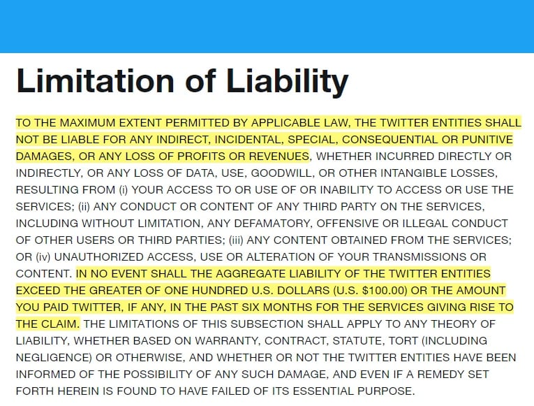 Twitter Terms of Service: Limitation of Liability clause