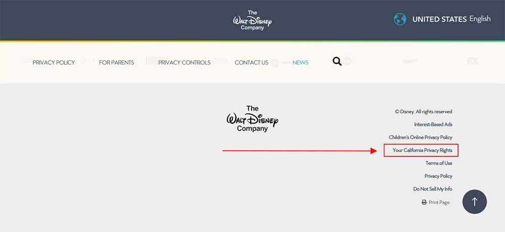 Walt Disney website homepage with California Privacy Rights link highlighted