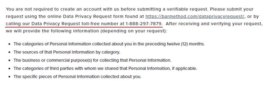 The Bar Method Privacy Notice for California Residents: Submit a rights request clause