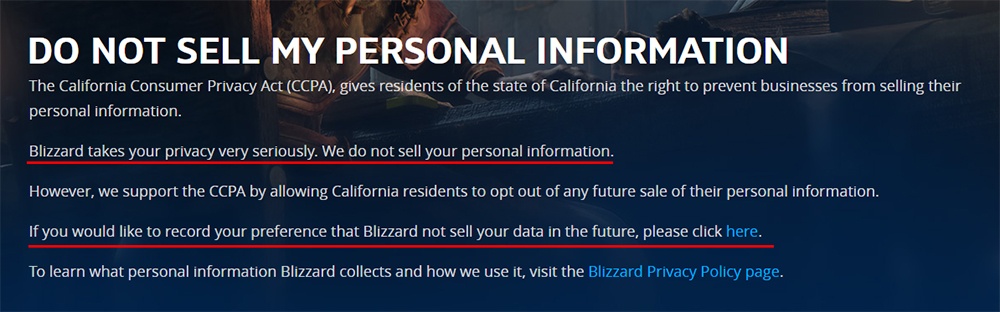 Blizzard: Do Not Sell My Personal Information page