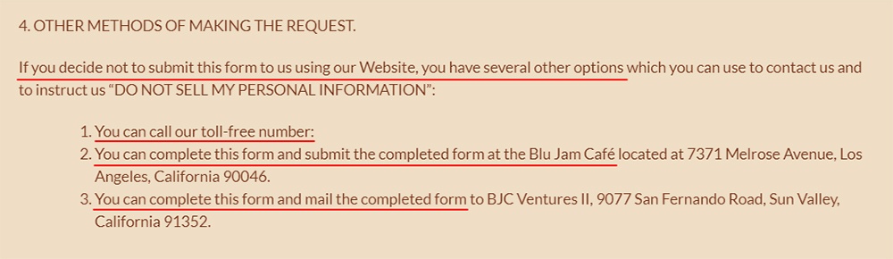 Blu Jam Cafe: Do Not Sell My Personal Information Page - Other Methods of Making the Request section