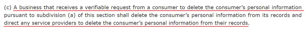 California Legislative Information: CCPA 1798 105 c - Request under right to delete personal information section