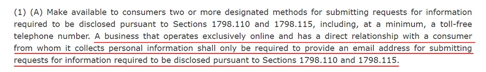 California Legislative Information: CCPA AB-1564 - Online-only business exception for toll-free  number requirement section