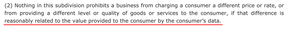 CCPA Section 1798-125: Non-discrimination exception