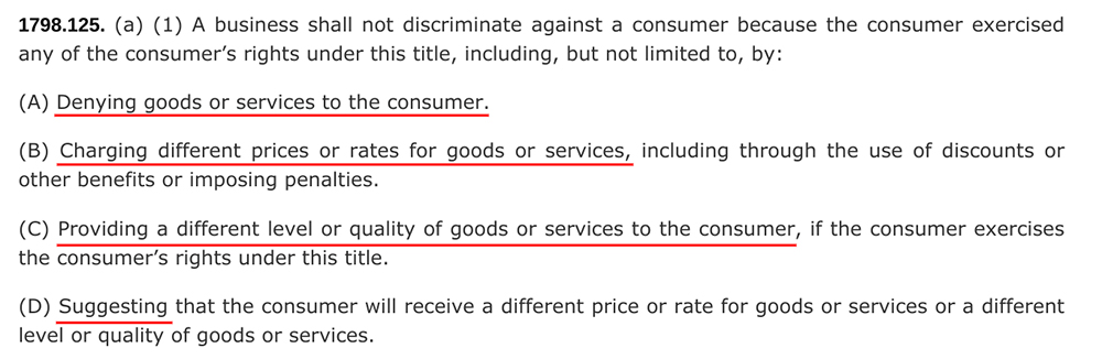 CCPA Section 1798-125: Non-discrimination when exercising rights