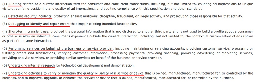CCPA Section 1798-140: Business Purposes list