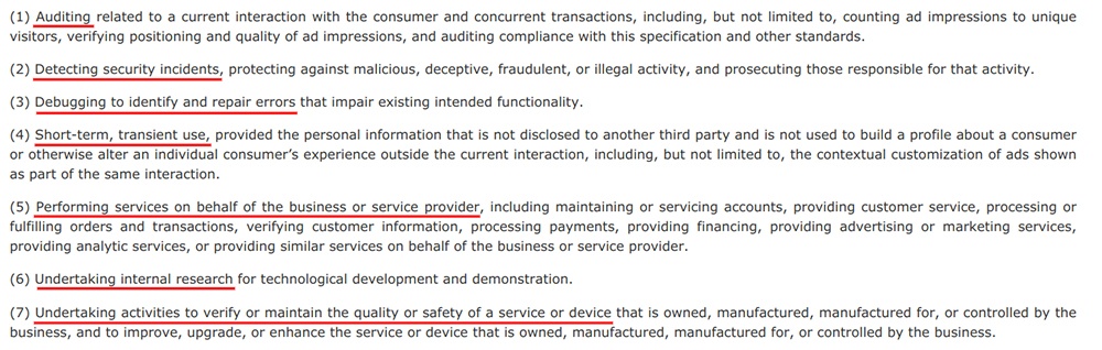 CCPA Section 1798-140: Business Purposes list