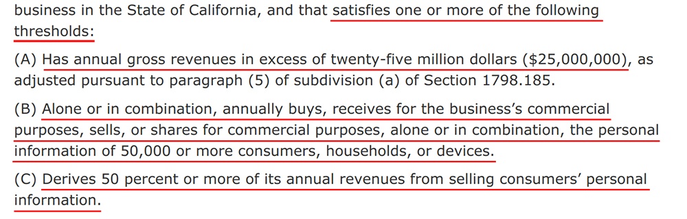 CCPA Section 1798-140: Definition of Business with requirements