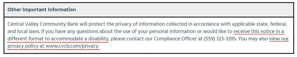 Central Valley Community Bank: CCPA Notice at Collection - Other Important Information section