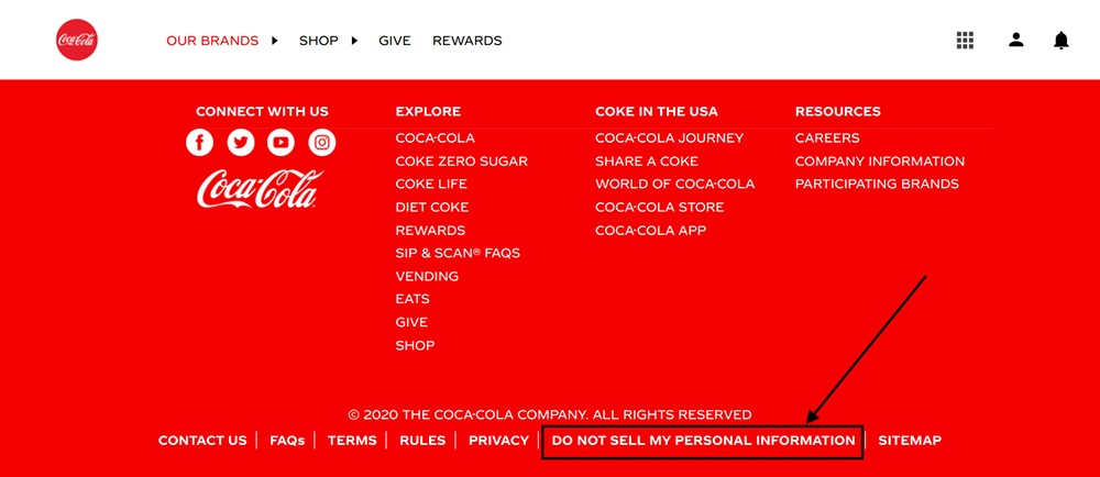 Coca-Cola homepage screenshot with Do Not Sell My Personal Information link highlighted
