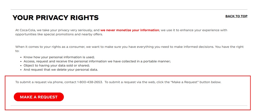 Coca-Cola Privacy Policy: Your Privacy Rights section with Make a Request button