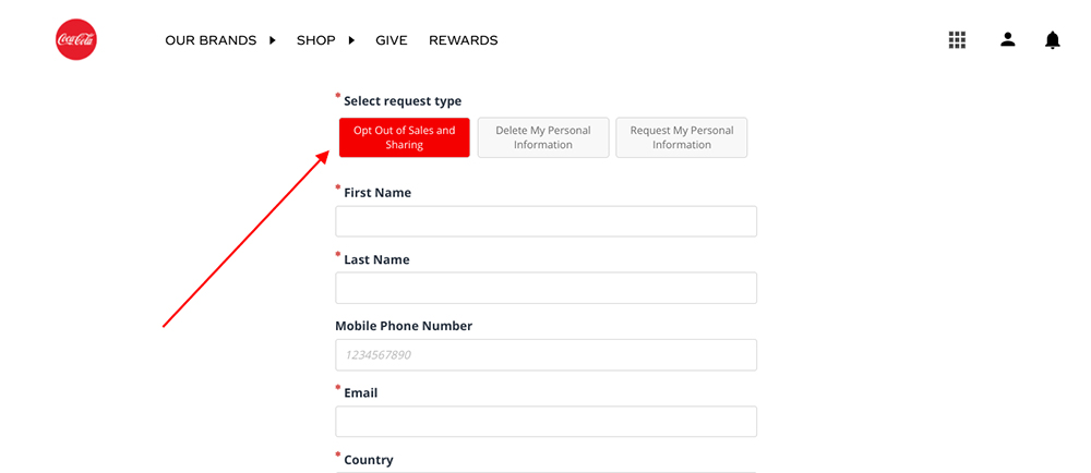 Coca-Cola Privacy Rights user request form with opt-out of sale, delete and access personal information options