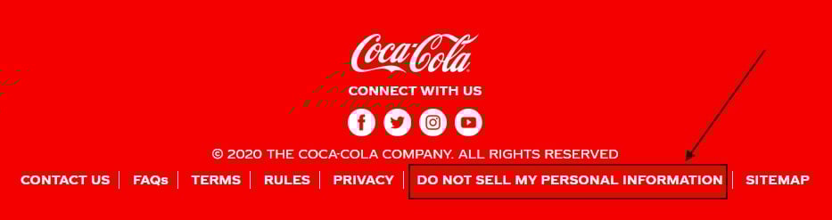 Coca-Cola website footer with Do Not Sell My Personal Information link highlighted
