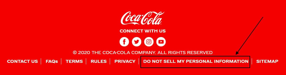 Coca-Cola website footer with Do Not Sell My Personal Information link highlighted