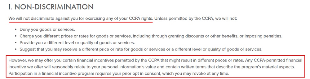 CooperSurgical CCPA Privacy Policy: Non-Discrimination clause