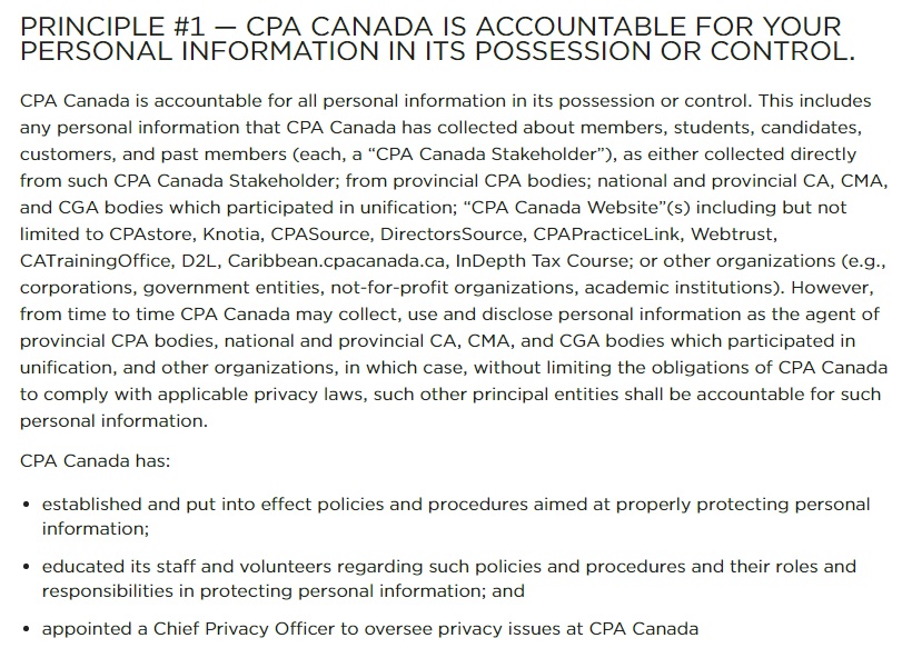 CPA Canada Privacy Policy: Accountability for personal information clause