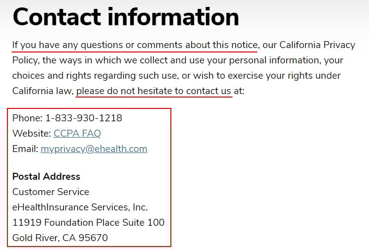 eHealthInsurance Privacy Policy: Contact Information clause