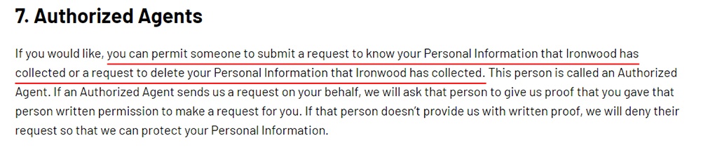 Ironwood Pharma California Consumer Privacy Policy: Authorized Agents clause