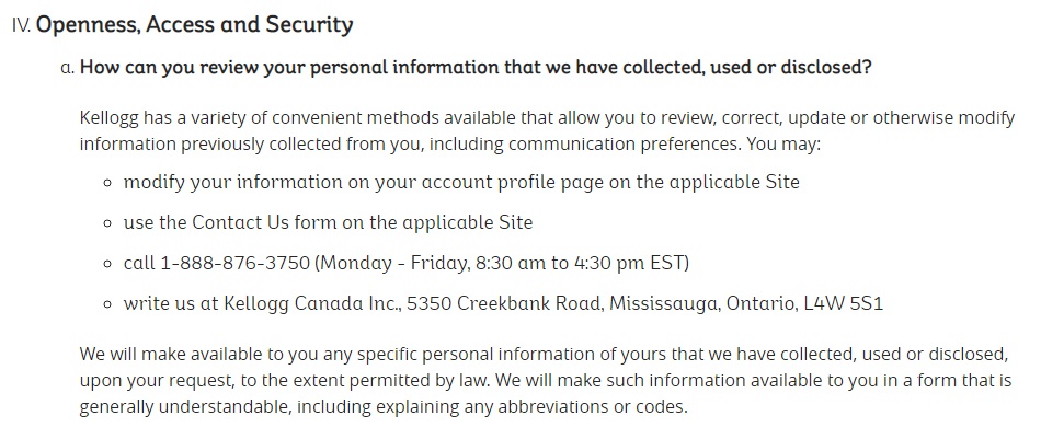 Kellogg Privacy Policy: How can you review your personal information clause