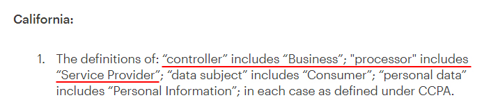 Mailchimp Data Processing Addendum: California CCPA definitions of controller and processor clause