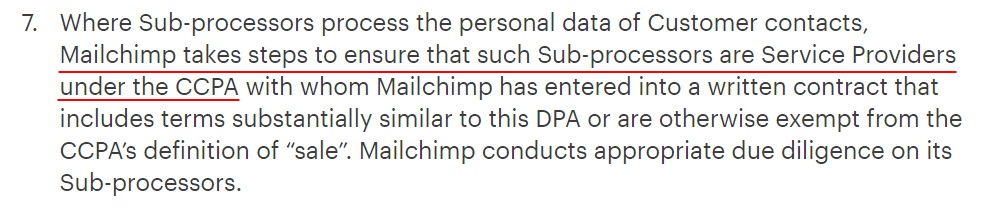 Mailchimp Data Processing Addendum: CCPA sub-processors and service providers clause