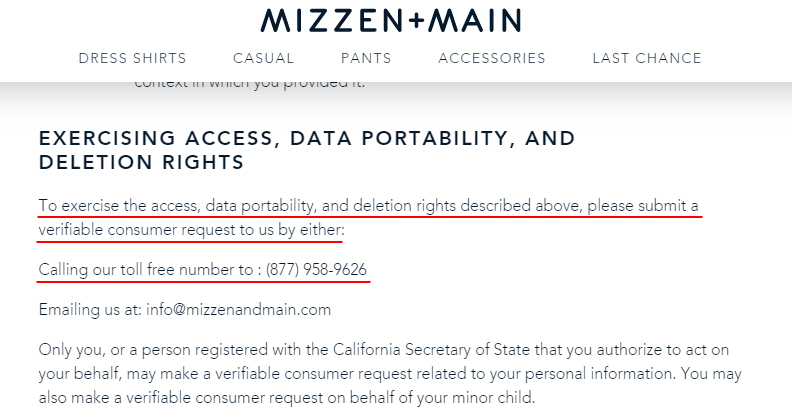 Mizzen and Main Privacy Notice for California Residents: Exercising Access, Data Portability, and Deletion Rights clause