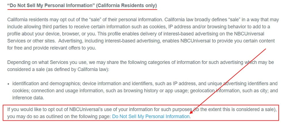 NBC Universal Privacy Policy: Do Not Sell My Personal Information clause