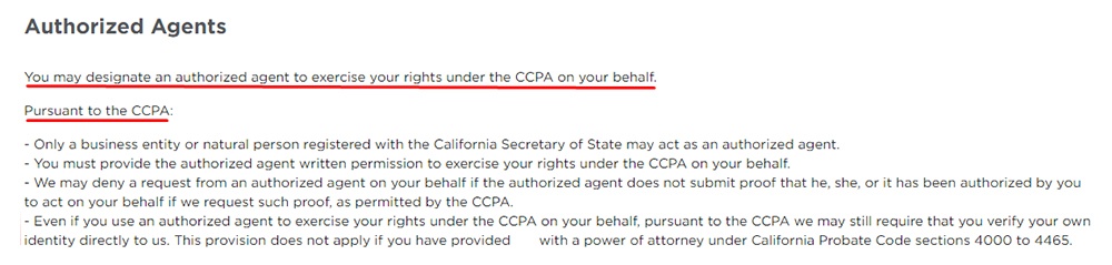Radisson Hotels California Privacy Policy: Authorized Agents clause