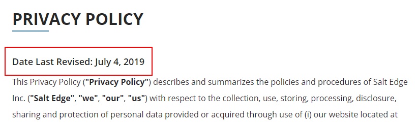 Salt Edge Privacy Policy: Date Last Revised section