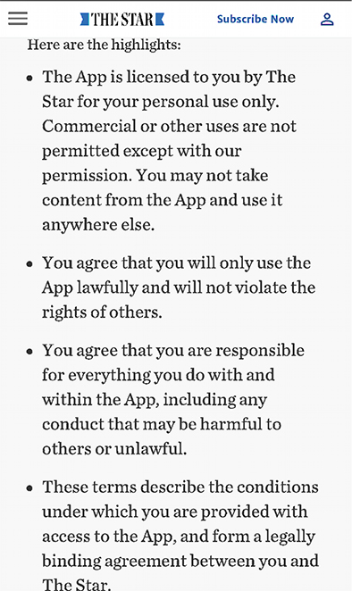 Toronto Star mobile Privacy Policy: Highlights list