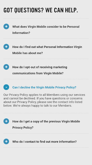 Virgin Mobile app Privacy Policy: Questions section