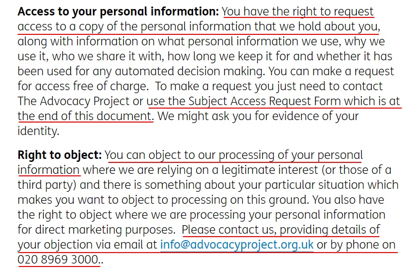 Advocacy Project UK Privacy Policy: Access to your personal information and Right to object clauses