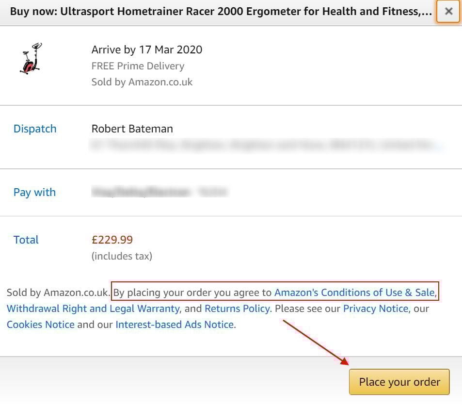 Amazon UK Checkout screen with place order to agree to conditions of use statement