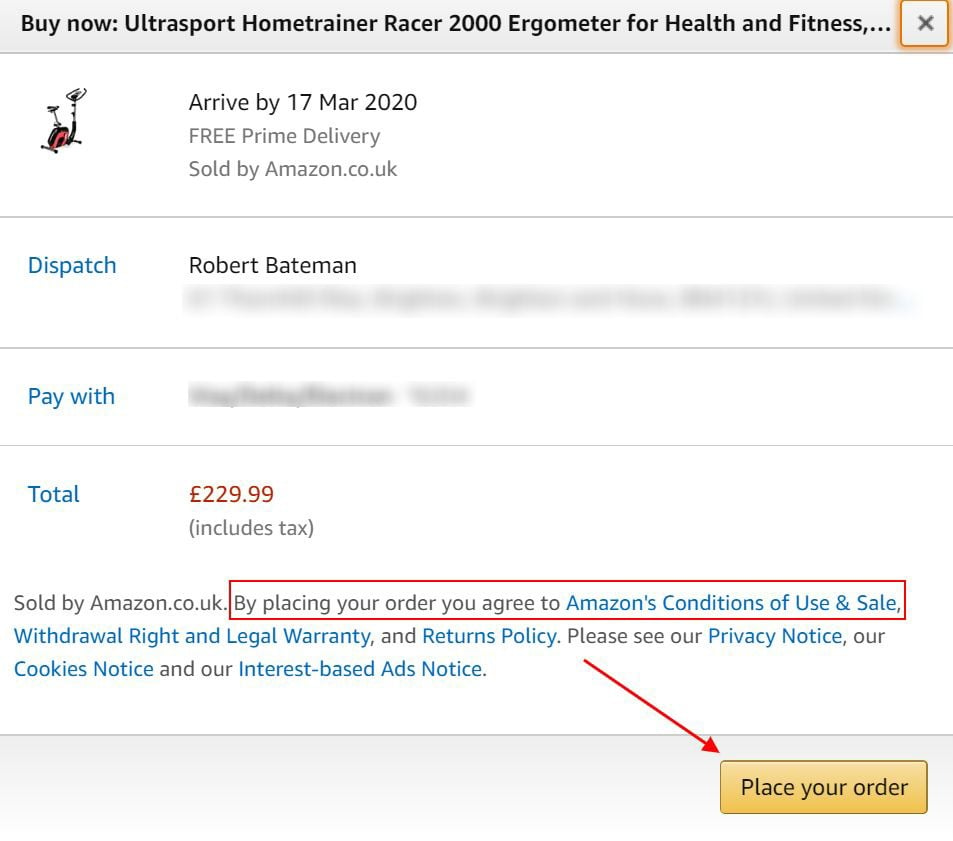 Amazon UK Checkout screen with place order to agree to conditions of use statement