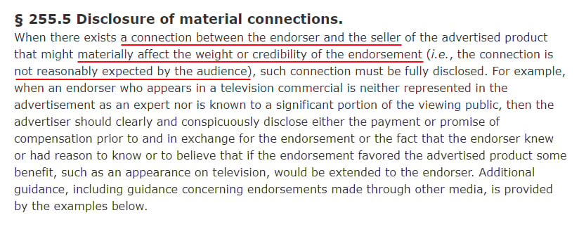 Cornell LII: FTC Act - Disclosure of material connections section