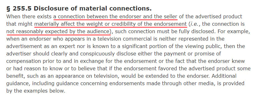 Cornell LII: FTC Act - Disclosure of material connections section